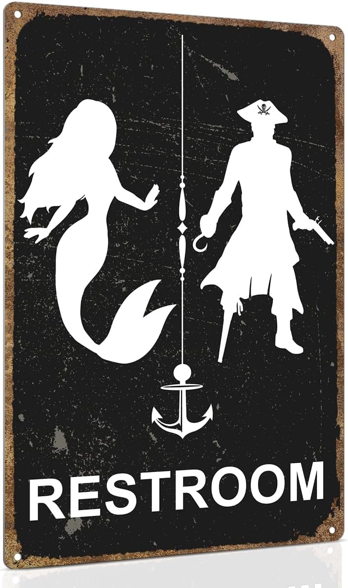 ALKB Nautical Themed Vintage Restroom Door Sign Fun Mermaid and Pirate Sign Suitable for Ocean, Beach, Ship Themed Wall Decor 8x12 Inch - Image 1